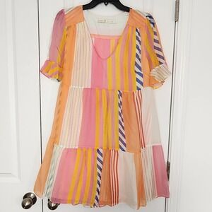 Marie Oliver Tiered Mini Dress Striped V Neck Casual Party Dress Size M